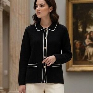 Vintage CD Petites $79‎ Large Black White Trim Peter Pan Collar Cardigan Sweater